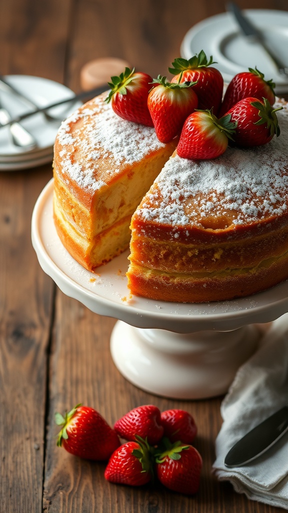 A light and fluffy two-egg vanilla cake topped with strawberries and powdered sugar, displayed on a cake stand.
